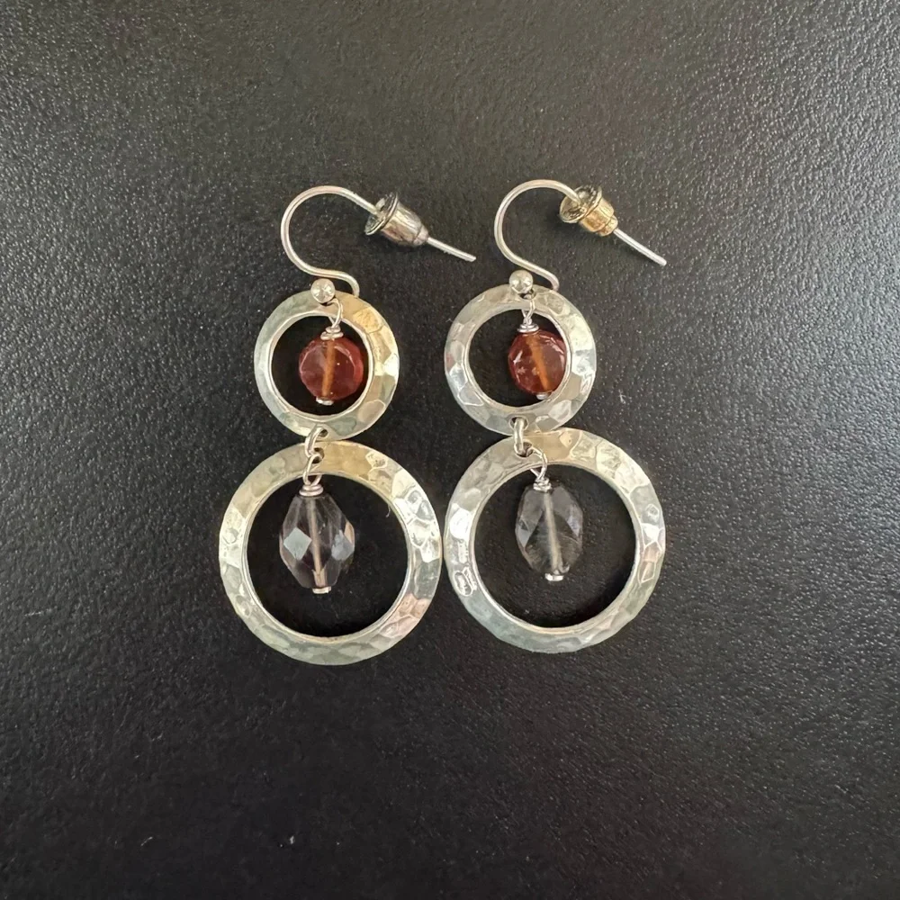 Vintage Sterling Silver Hammered Hoop Earrings with Amber and Smokey Quartz - Picture 4 of 4